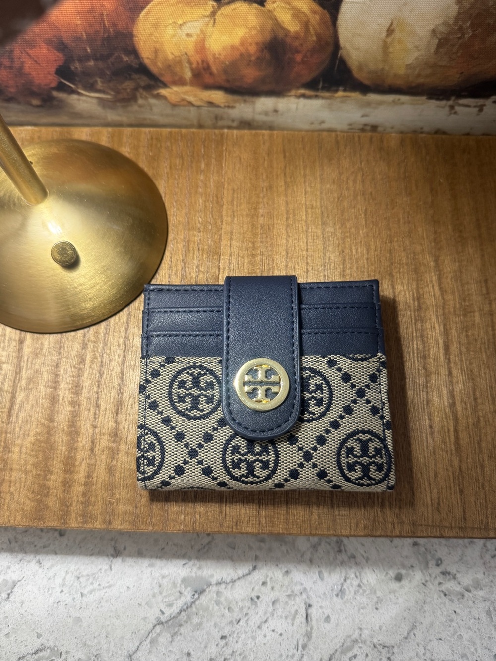 Tory Burch Navy and Beige Logo Jacquard Card Case with Gold Logo Snap
